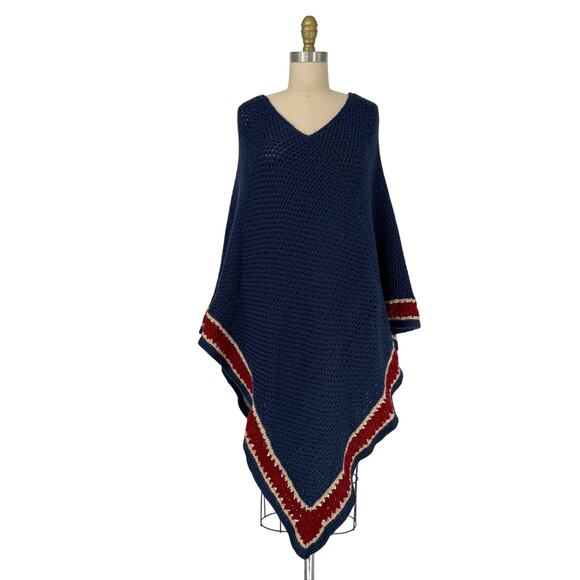 Vintage Sweaters - Vintage Hand Crafted Crocheted Poncho Sweater Unisex One Size Navy Stripe